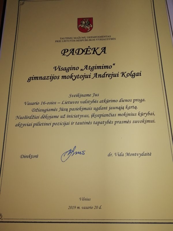 Visagino „Atgimimo“ gimnazijos mokytojui įteikta padėka