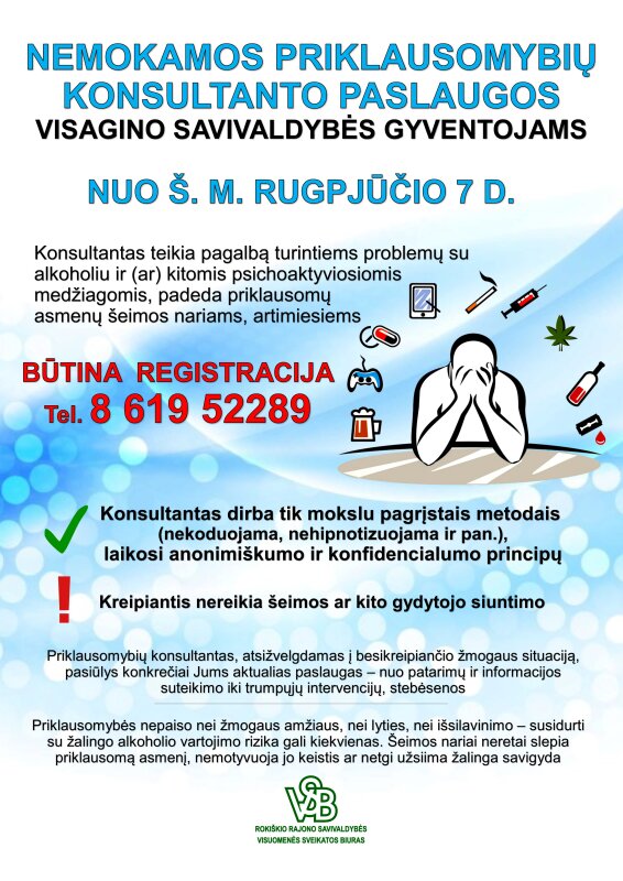 Nuo š. m. rugpjūčio 7 d. – nemokamos priklausomybių konsultanto paslaugos  Visagino savivaldybės...