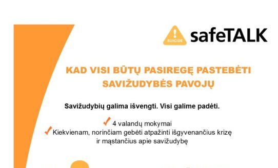 Visuomenės sveikatos biuras kviečia į savižudybių prevencijos mokymus „safeTALK“ 