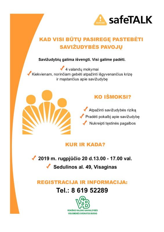 Visuomenės sveikatos biuras kviečia į savižudybių prevencijos mokymus „safeTALK“ 