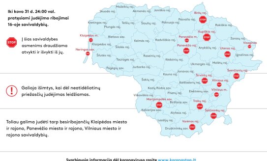 Iki kovo 31 d. pratęsiami judėjimo ribojimai 16-oje savivaldybių (papildyta)