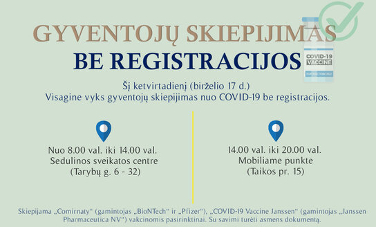 Birželio 17 d. visą dieną bus skiepijama nuo COVID-19 Visagine! Be registracijos.