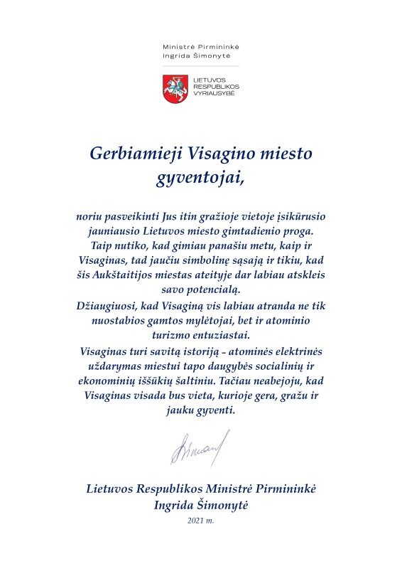 Ministrė Pirmininkė siunčia sveikinimus Visagino miesto gyventojams