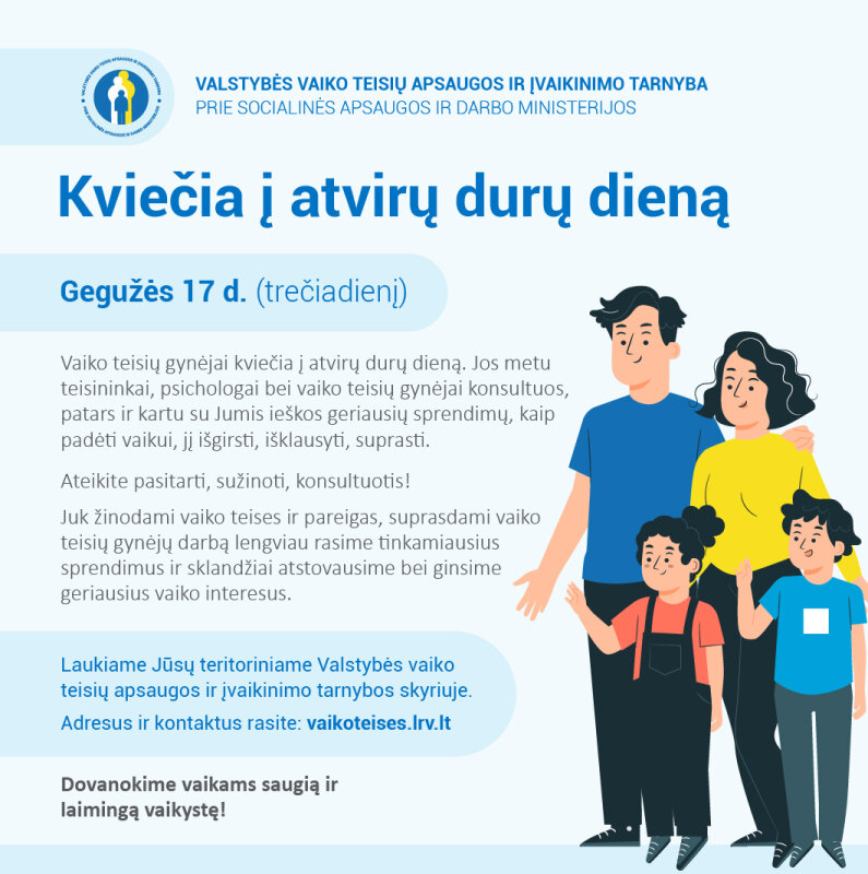 Gegužės 17-ąją vaiko teisių gynėjai kviečia į atvirų durų dieną