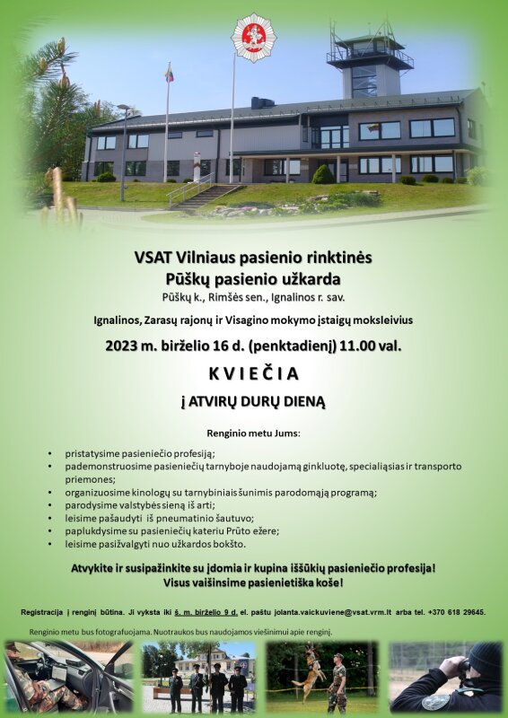 VSAT Vilniaus pasienio rinktinės Pūškų pasienio užkarda kviečia moksleivius į atvirų durų dieną