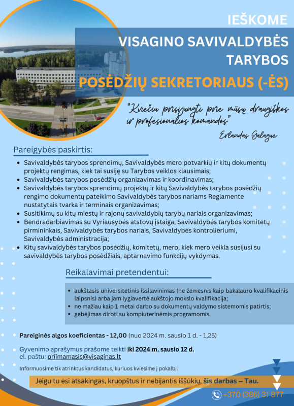 Ieškome Visagino savivaldybės tarybos posėdžių sekretoriaus(-ės)!