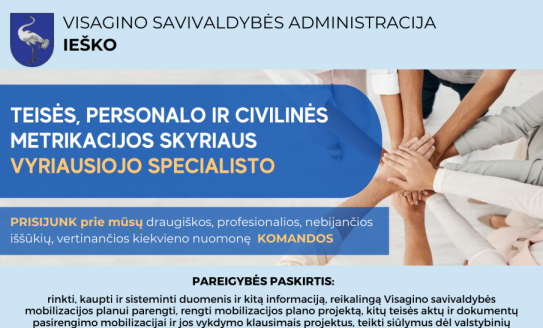 Ieškome Teisės, personalo ir civilinės metrikacijos  skyriaus vyriausiojo specialisto (karjeros...