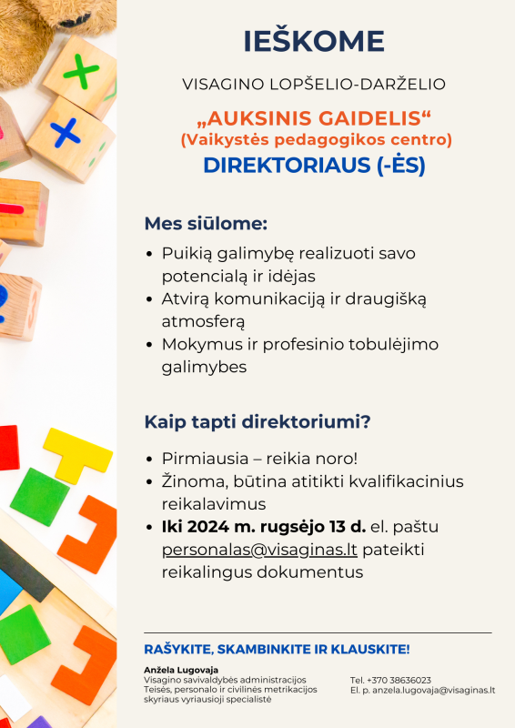 Skelbiamas konkursas Visagino lopšelio-darželio „Auksinis gaidelis“ (Vaikystės pedagogikos...