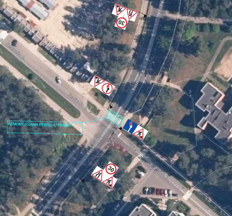 Dėl pėsčiųjų perėjos Kosmoso g. remonto darbų bus laikinai ribojamas eismas