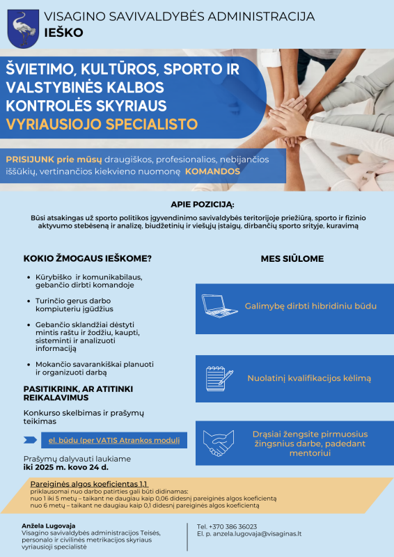 Skelbiamas konkursas Visagino savivaldybės Švietimo, kultūros, sporto ir valstybinės kalbos...
