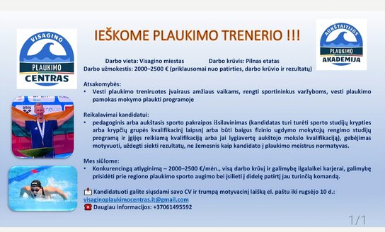 Visagino Plaukimo Centras ieško trenerio naujajam plaukimo sezonui!