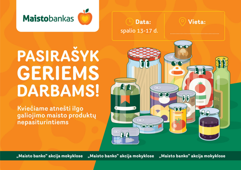 Spalį vyks mokyklų ir darželių maisto rinkimo akcija „Pasirašyk geriems darbams“