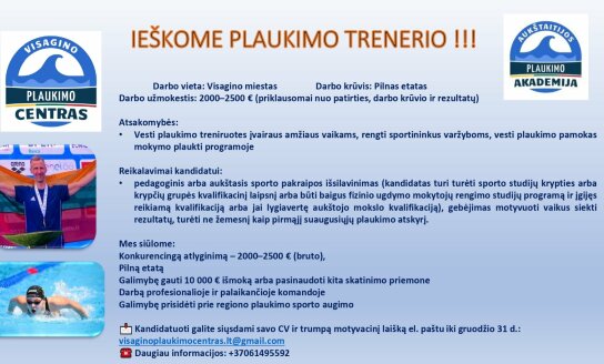 Visagino plaukimo centras ieško plaukimo trenerio