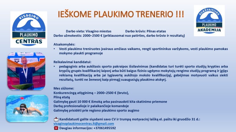 Visagino plaukimo centras ieško plaukimo trenerio