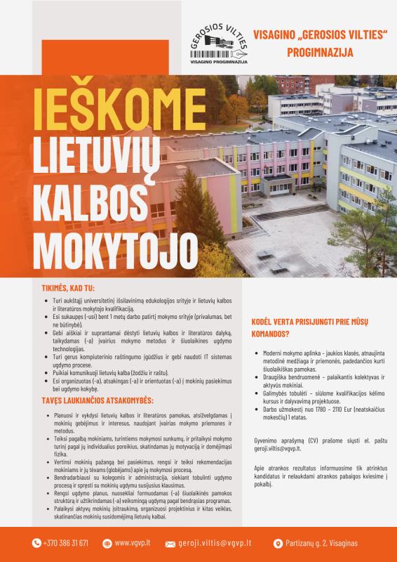 Visagino „Gerosios vilties“ progimnazija ieško lietuvių kalbos ir literatūros mokytojo