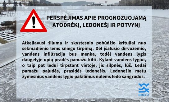 Perspėjimas apie prognozuojamą atodrėkį, ledonešį ir potvynį