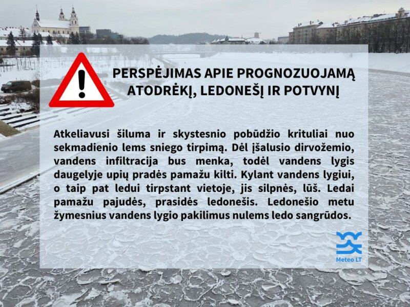 Perspėjimas apie prognozuojamą atodrėkį, ledonešį ir potvynį