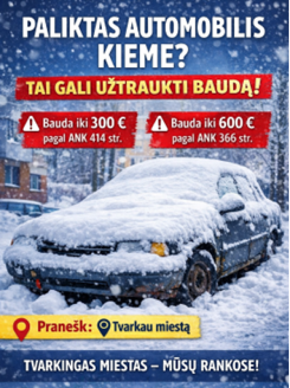 Žiemą palikti automobiliai trukdo sniego valymui – primenama apie atsakomybę