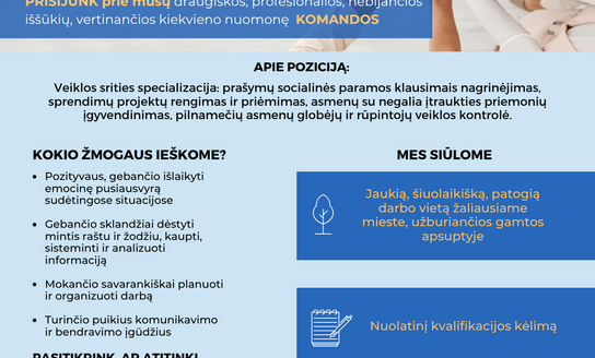 Ieškome Socialinės paramos skyriaus vyriausiojo specialisto (karjeros valstybės tarnautojo)...
