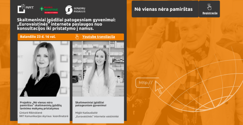 Paveikslelis, susijęs su Projekto „Nė vienas nėra pamirštas“ nuotolinė paskaita „Eurovaistinės internete paslaugos nuo konsultacijos iki pristatymo į namus”