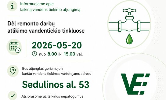 Dėl remonto darbų gegužės 20 d. laikinai stabdomas geriamojo ir karšto vandens tiekimas