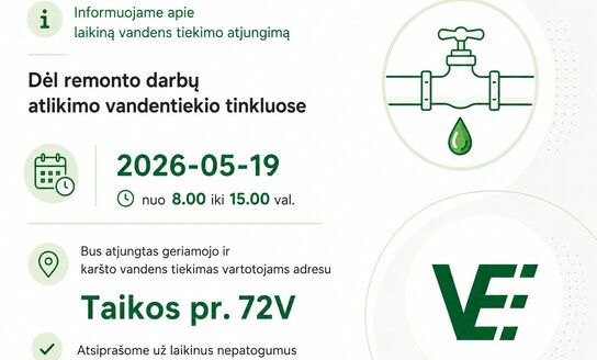 Dėl remonto darbų gegužės 19 d. laikinai stabdomas geriamojo ir karšto vandens tiekimas