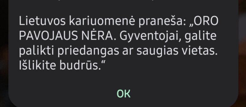 Lietuvos kariuomenė praneša: DĖL DRONO TIKĖTINAS ORO PAVOJUS