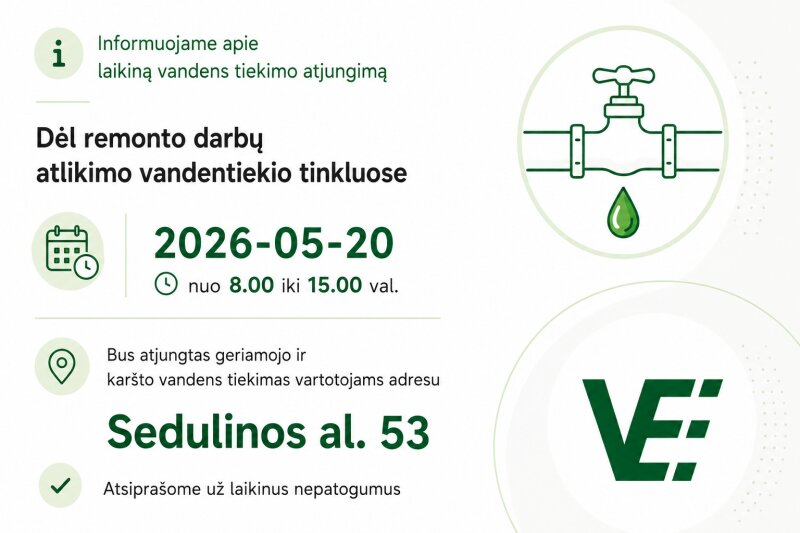 Dėl remonto darbų gegužės 20 d. laikinai stabdomas geriamojo ir karšto vandens tiekimas