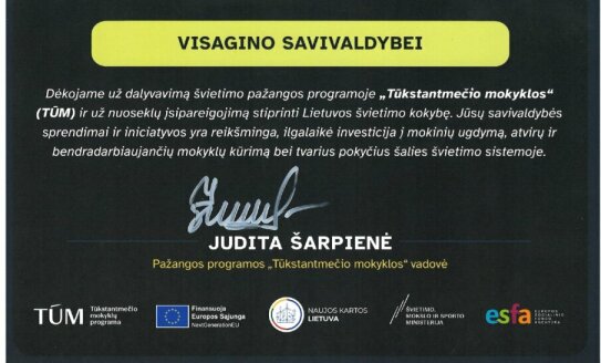 Visagine sėkmingai įgyvendintas projektas „Tūkstantmečio mokyklos I“