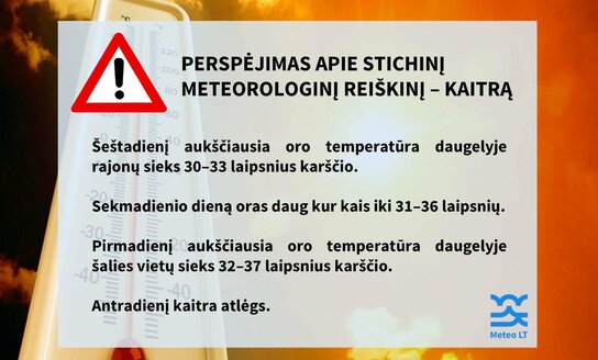 Meteo LT perspėja apie artimiausiomis dienomis numatomą stichinį meteorologinį reiškinį – kaitrą