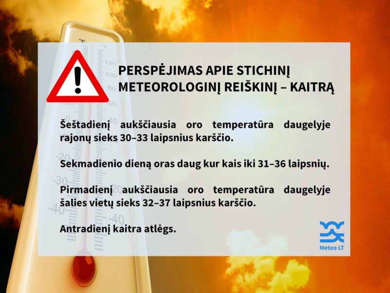Meteo LT perspėja apie artimiausiomis dienomis numatomą stichinį meteorologinį reiškinį – kaitrą