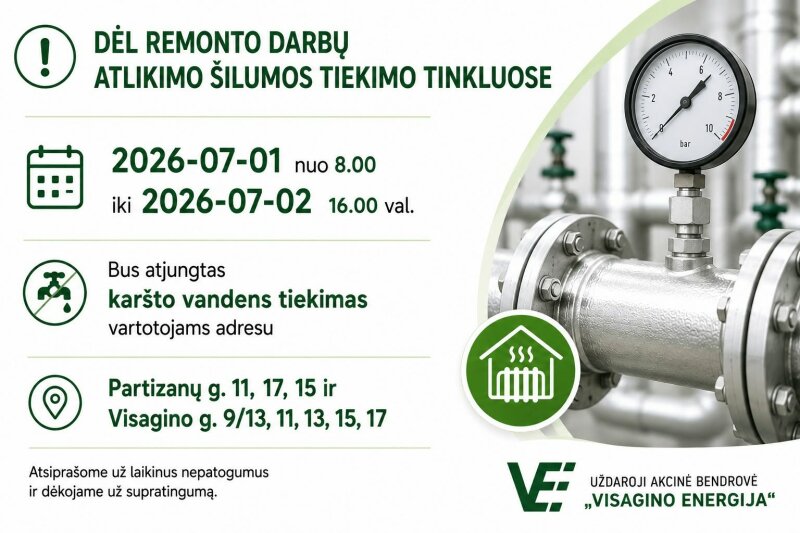 Dėl remonto darbų liepos 1–2 d. laikinai stabdomas karšto vandens tiekimas