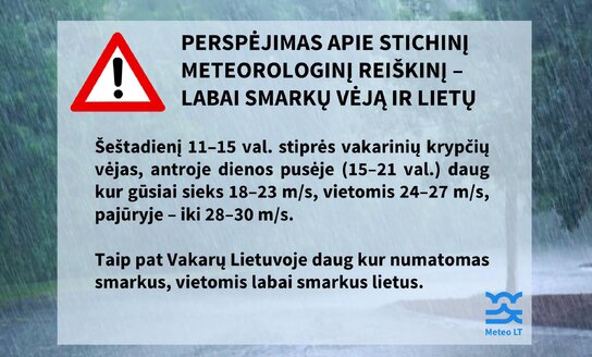 Lietuvos hidrometeorologijos tarnyba informuoja apie labai smarkų vėją ir lietų