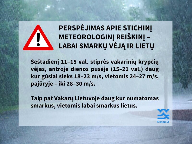Lietuvos hidrometeorologijos tarnyba informuoja apie labai smarkų vėją ir lietų