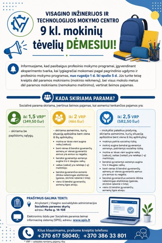 Visagino inžinerijos ir technologijos mokymo centro 9 kl. mokinių tėvelių dėmesiui